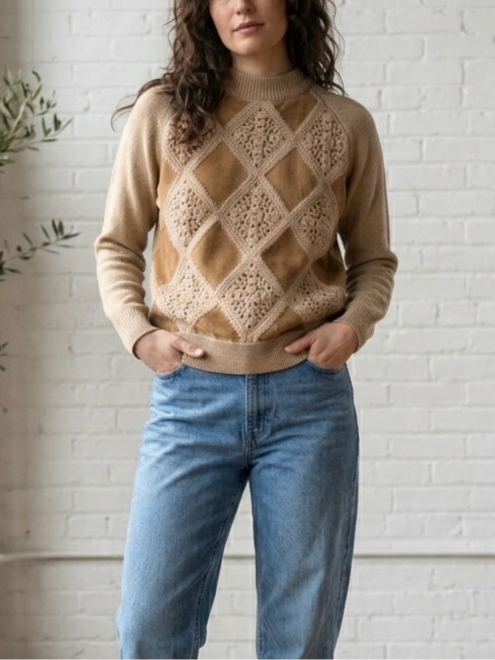 Vintage wool acrylic blend Cozy Diamond Knit Mock-Neck Sweater - Beige